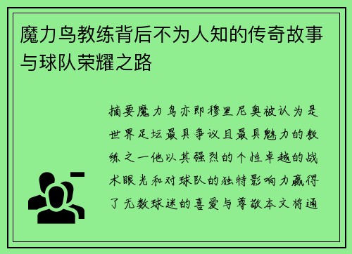 魔力鸟教练背后不为人知的传奇故事与球队荣耀之路